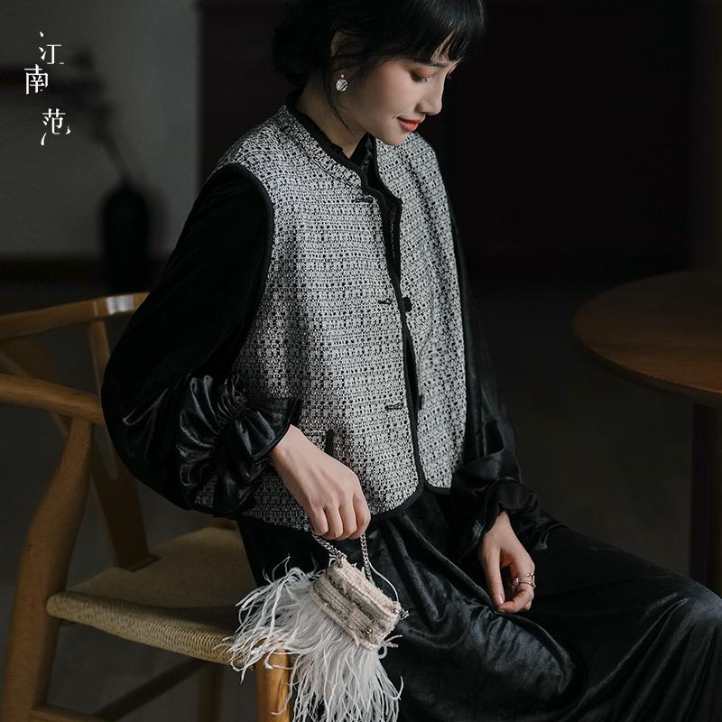 江南范新中式改良版马甲对襟旗袍气质秋冬刺绣黑色丝绒马甲裙洋气