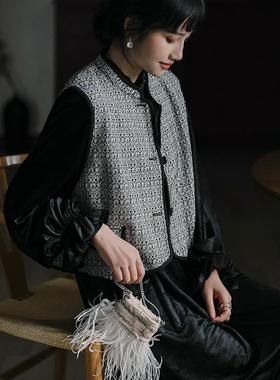 江南范新中式改良版马甲对襟旗袍气质秋冬刺绣黑色丝绒马甲裙洋气