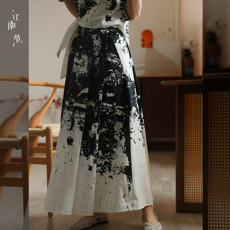 江南范新式改良汉服半身裙2025夏黑白水墨a摆薄款国风马面裙日常