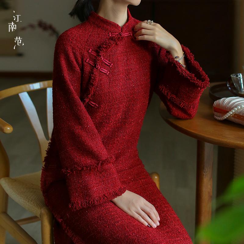 江南范红色冬季加绒加厚旗袍