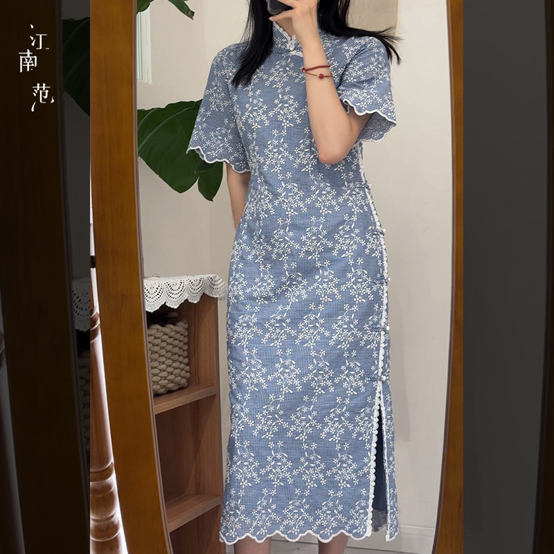 新式旗袍江南范蓝色刺绣