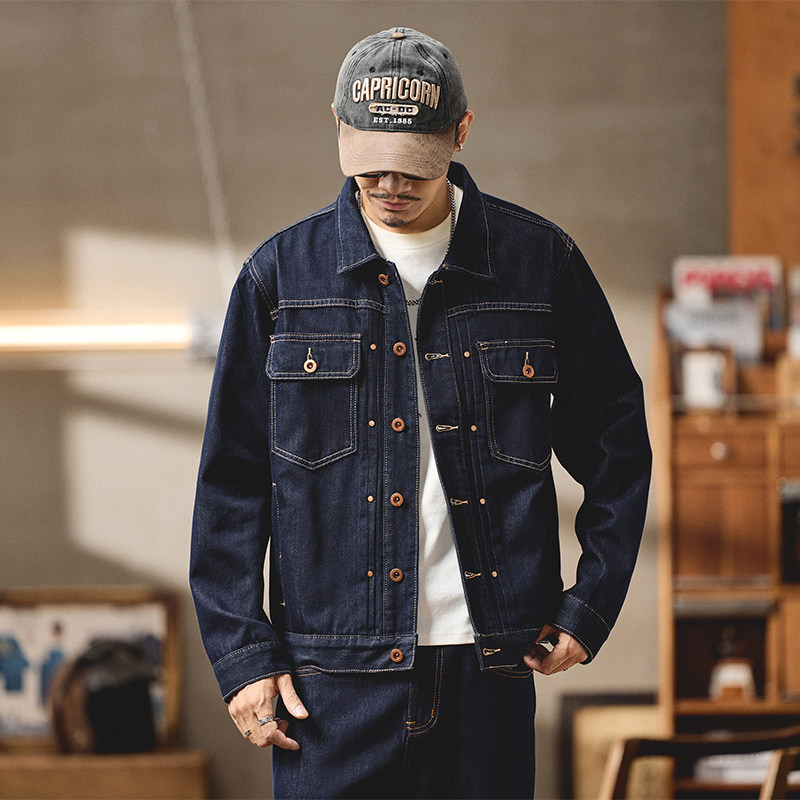 秋冬款高端复古深蓝色宽松工装男士牛仔外套秋季新款大码夹克褂子