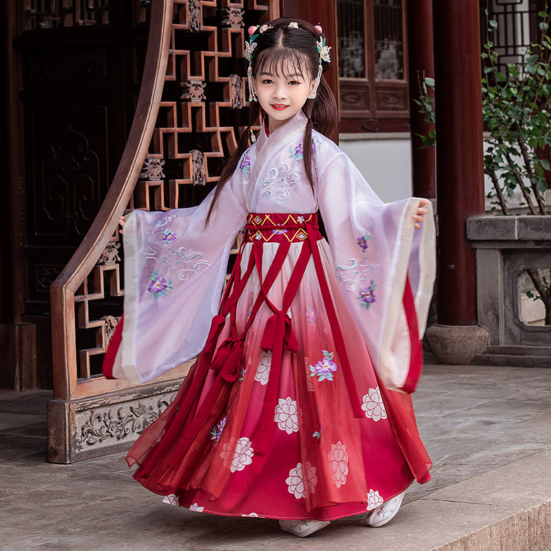 女童汉服中国风唐装超仙刺绣古装交领襦裙秋季儿童演出服古筝红色