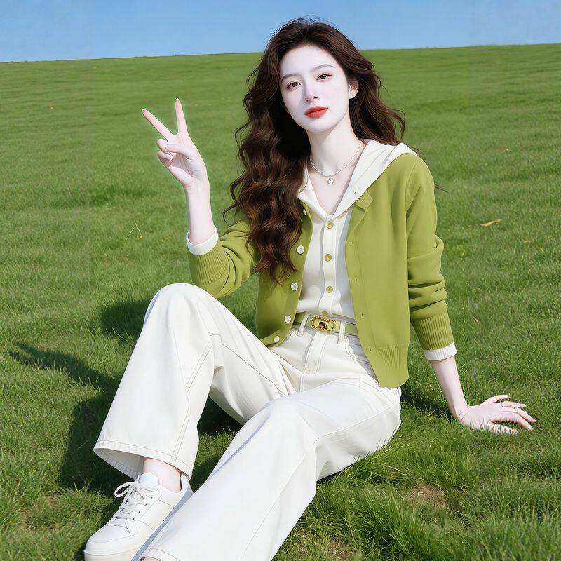 草绿色连帽假两件针织开衫女春季