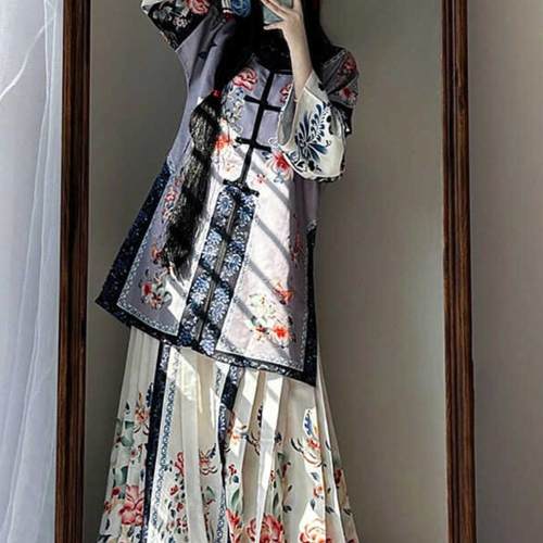 泉州浔埔簪花清汉女服装格格汉服清朝满清旗装黄色印花裙拍照写真