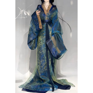 蓝色炫彩织金战国新款绝美汉服古装拖尾直马山复原超大放量
