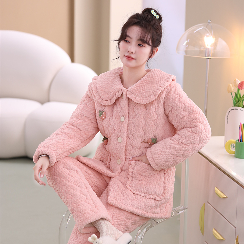 超厚冬季保暖睡衣粉色少女大码