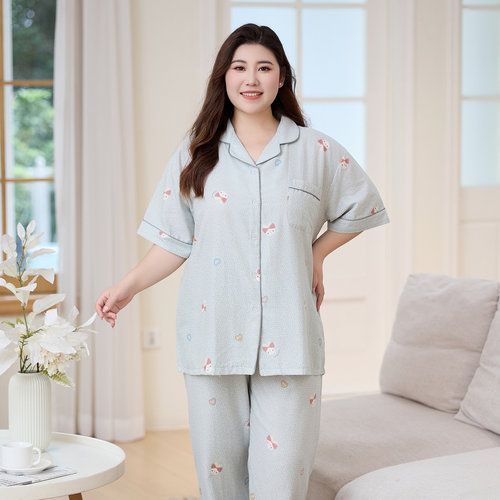 女纯棉纱布夏短袖大码200斤睡衣
