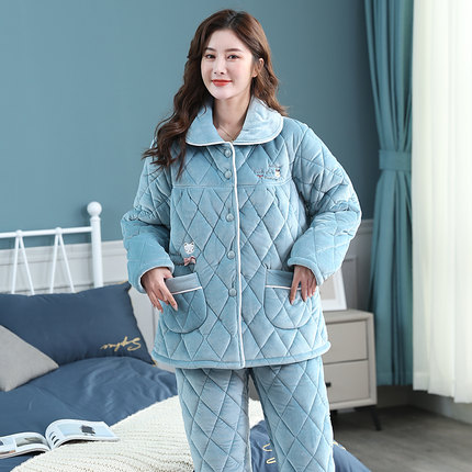 冬季超厚睡衣女三层夹棉加厚加绒法兰绒中老年妈妈家居服宽松保暖
