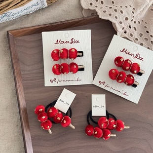 少女糖葫芦发夹过年女孩可爱刘海夹宝宝新年红色高级丝绒头绳发圈