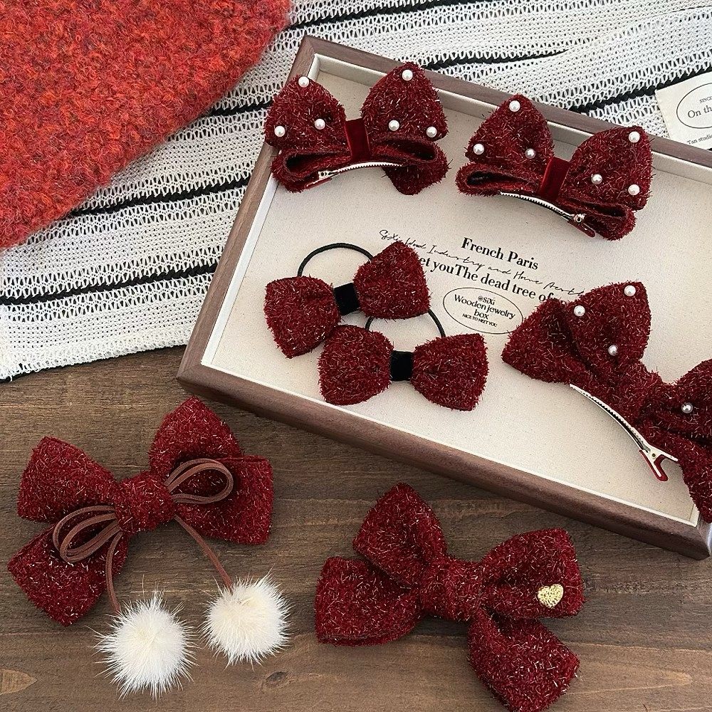 韩版儿童酒红银葱蝴蝶结发夹女童新年甜美发饰公主气质珍珠结顶夹