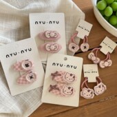 儿童藕粉可爱猫咪发夹侧边夹女童发圈格子蝴蝶结皮筋女孩甜美头绳