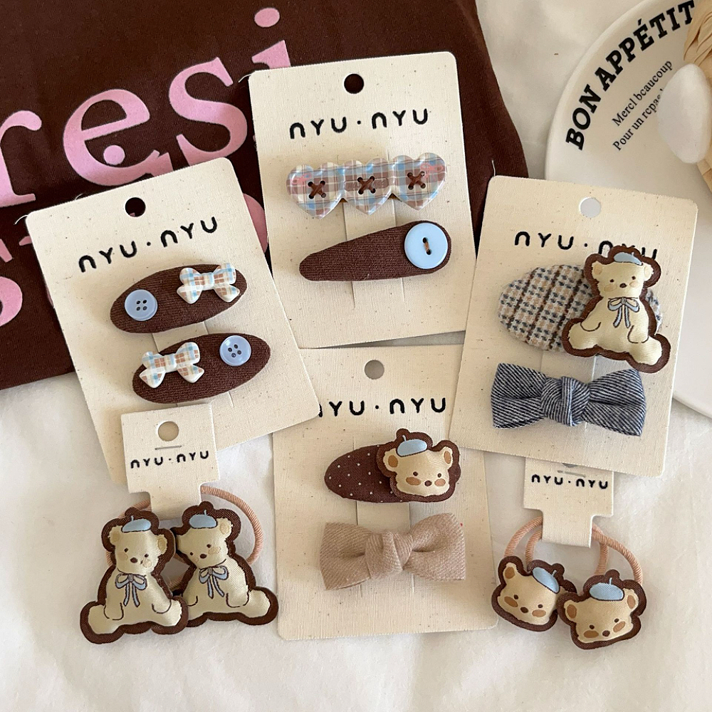 女孩可爱蓝帽子熊发圈儿童卡通咖色系刘海夹女童皮筋头绳碎发边夹