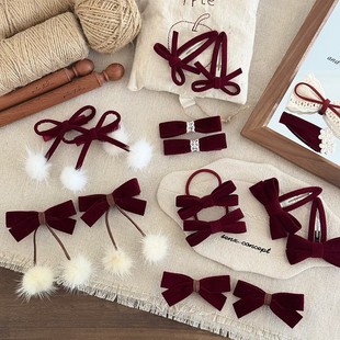 新年高级感水貂球鸭嘴儿童酒红丝绒蝴蝶结发夹气质公主结头绳BB夹