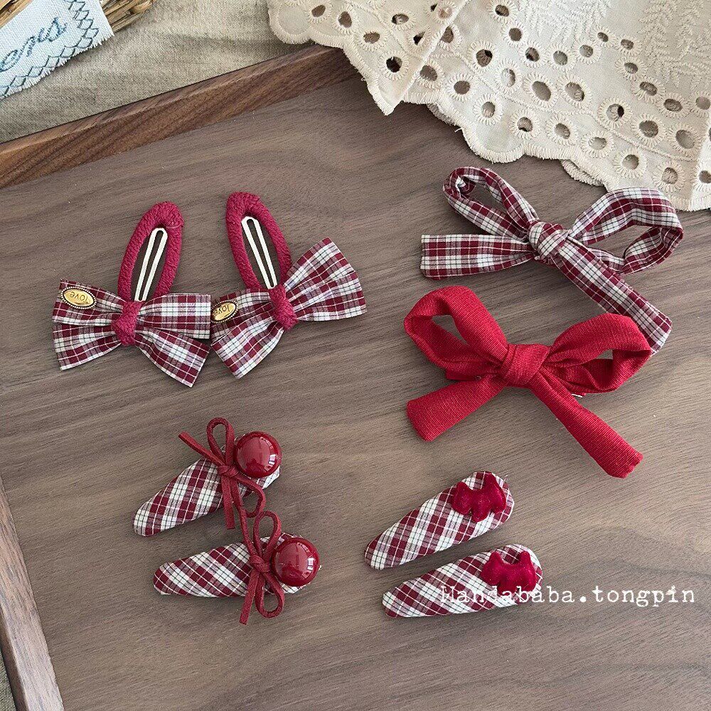 韩儿童酒红格纹蝴蝶结发夹女童甜美红豆BB夹女孩新年发饰刘海夹子