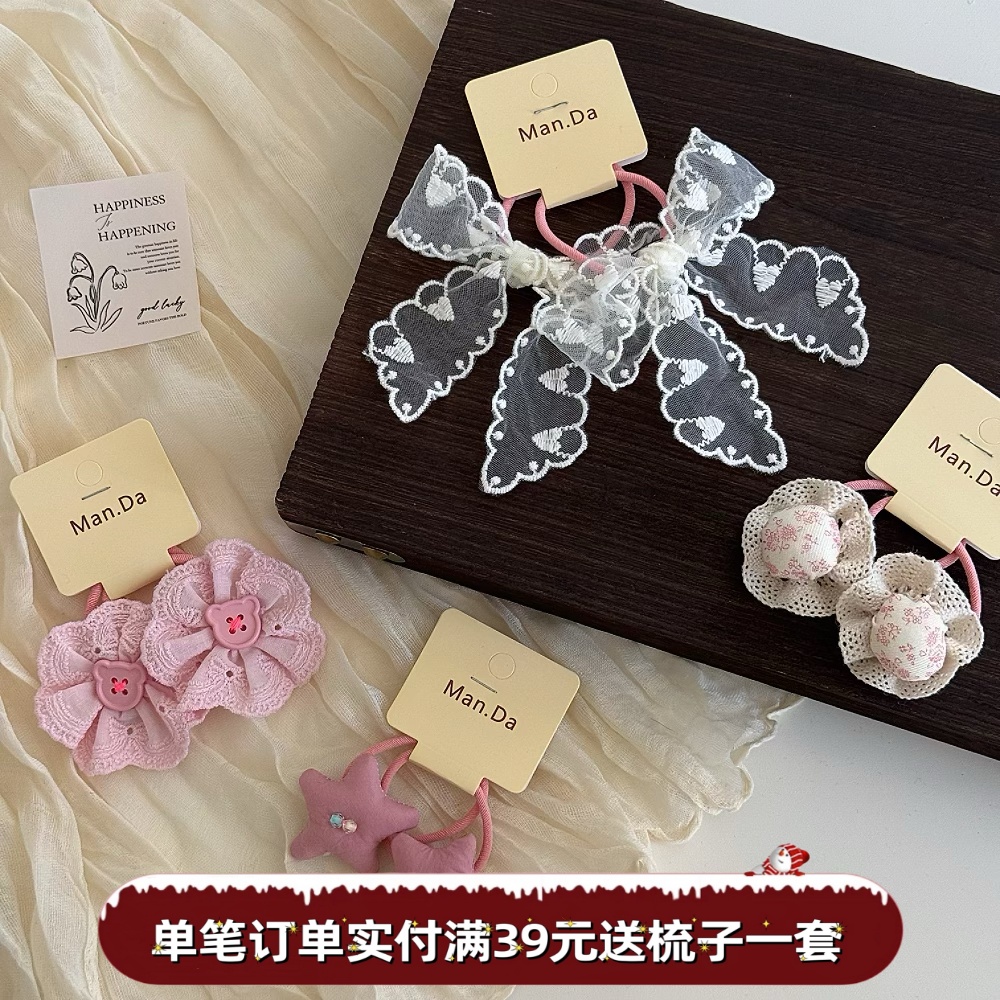 韩版儿童可爱粉色花朵发夹甜美蕾丝结少女心刘海碎发夹蝴蝶结发圈