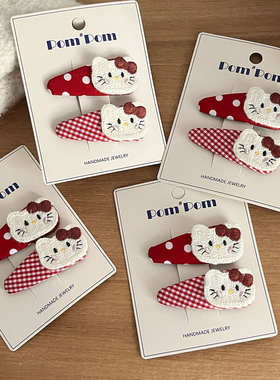 少女可爱红色大波点猫咪发夹女童刺绣猫咪格子掰掰夹学生刘海夹子