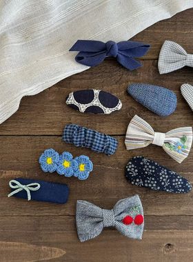 少女藏蓝色系手工绣花BB夹儿童格子掰掰夹毛线小花鸭嘴夹樱桃发夹