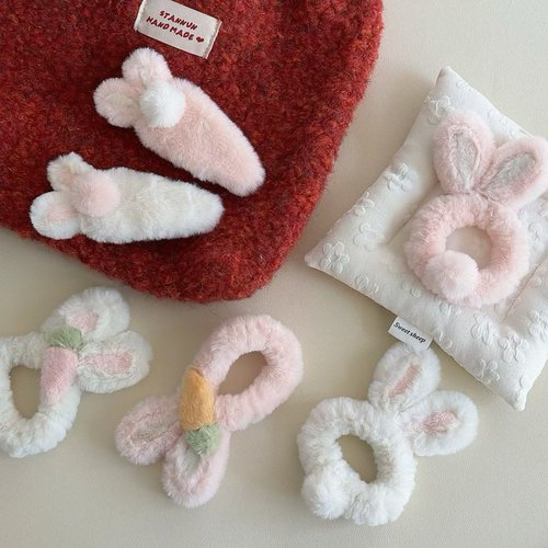 少女甜美可爱奶白萝卜兔毛绒发绳儿童甜没发圈毛毛兔耳朵BB夹发夹