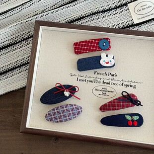 韩版儿童牛仔爱心发夹女童刺绣小兔蝴蝶结格子掰掰夹小女孩刘海夹