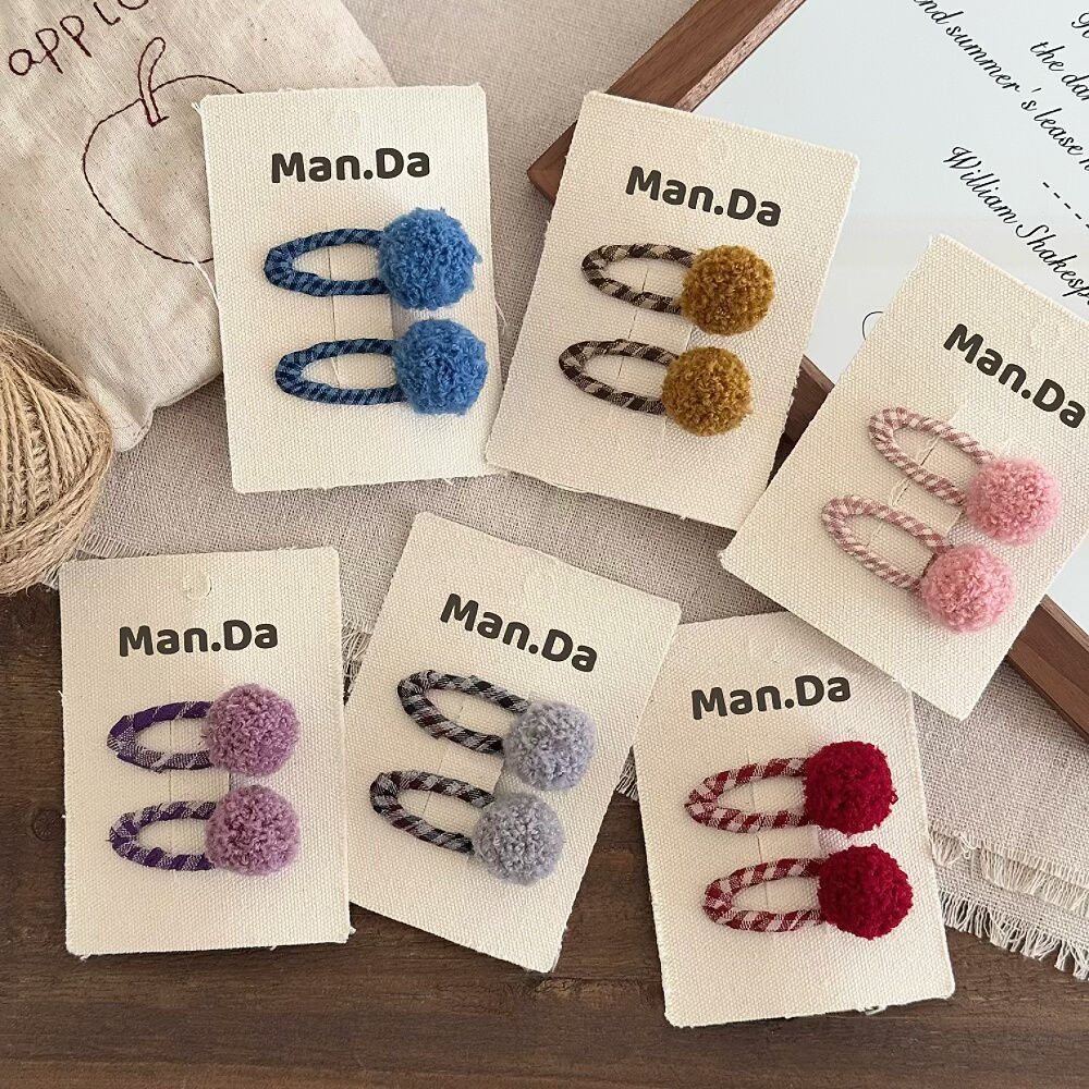 女孩可爱泰迪毛绒球BB夹儿童甜美格纹边夹刘海夹女童卷毛球碎发夹