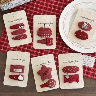 韩儿童红棉格星星发夹女童甜美猫咪BB夹女孩新年发饰甜美刘海夹子