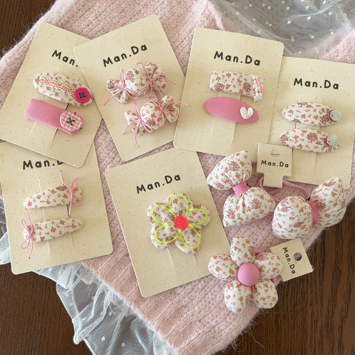 甜美粉色碎花蝴蝶结糖果发夹发绳女童花朵BB夹碎发刘海夹发圈头绳