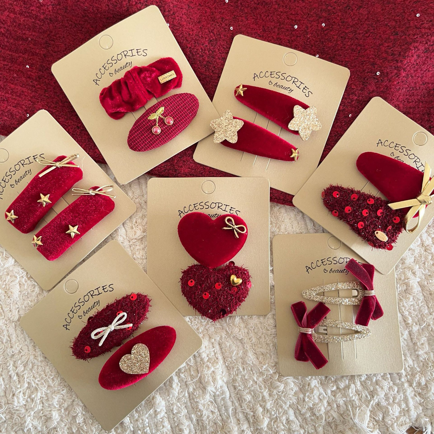 少女新年红丝绒金结发夹儿童甜美桃心BB夹女孩过年拜年发卡刘海夹