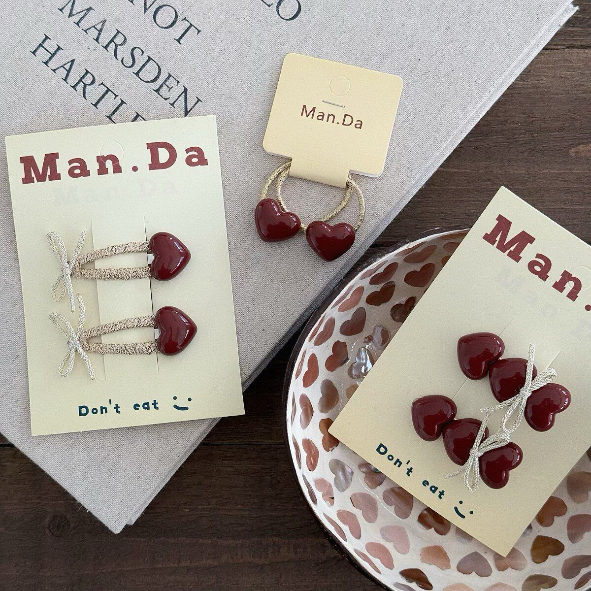 女孩气质暗酒红爱心发饰小众金红撞色桃心蝴蝶结BB夹儿童甜美发圈