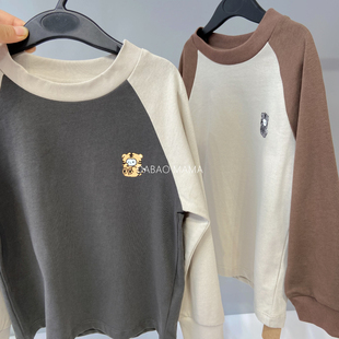 女童撞色插肩卡通宽松卫衣上衣春 秋男童t恤衫 大宝麻麻 纯棉A