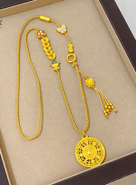 金店同款沙金花丝八宝罗盘吊坠项链五帝钱小财神莲花流苏毛衣链女