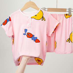儿童女孩短袖睡衣套装宝宝薄款防晒衣女童短裤中大童棉绸直筒裤