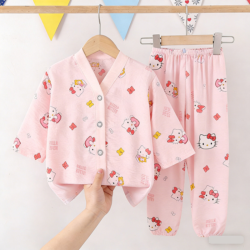 夏季儿童睡衣女童男童七分袖云朵棉女孩中大童家居服套装宝宝睡衣