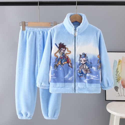 哪吒儿童法兰绒睡衣家居服套装男童女童秋冬款加厚保暖睡衣天鹅绒