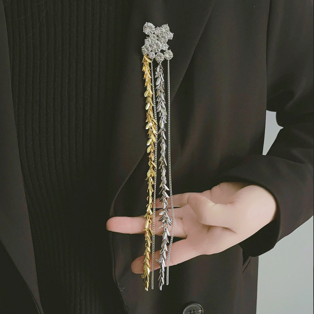 长款流苏闪钻金色麦穗流苏胸针名媛风大衣风衣西服配饰