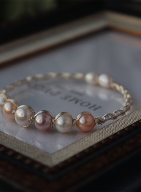 新款金银色手工绕线天然淡水珍珠手镯复古竹节手链