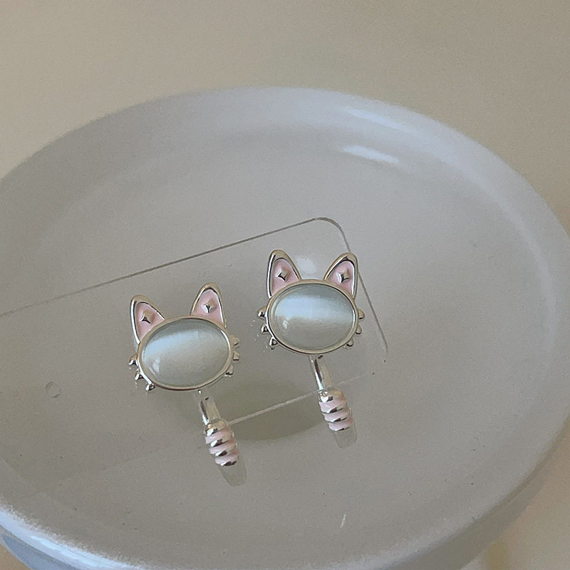 粉色滴油猫咪猫眼石耳钉女简约个性精致甜美耳环耳饰