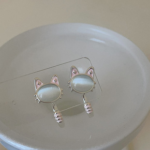 粉色滴油猫咪猫眼石耳钉女简约个性精致甜美耳环耳饰