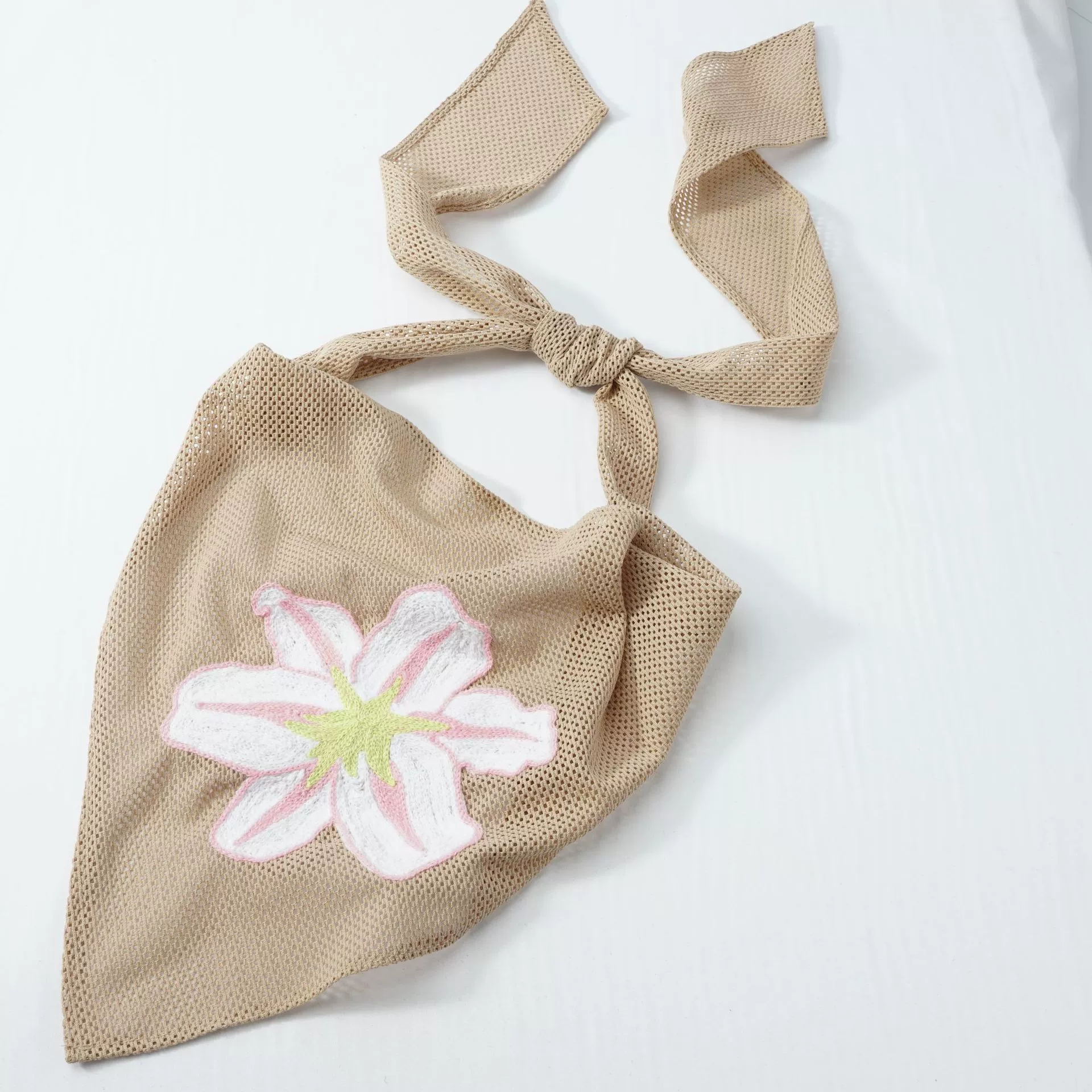 大朵绣花方巾头巾鸡蛋花刺绣网布镂空针织布绑带发饰头带婚礼头纱