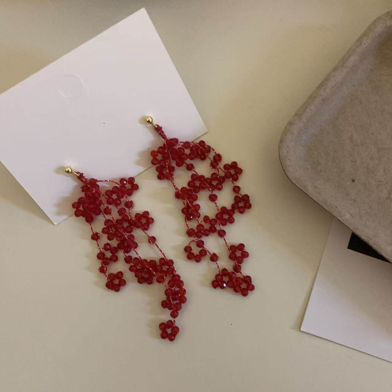 红色复古串珠流苏耳环女夸张感水晶耳坠气质设计感结婚耳饰