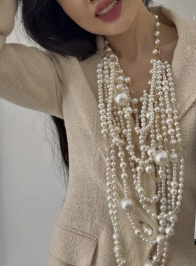 欧美不规则珍珠多层项链锁骨链时尚项饰饰品女