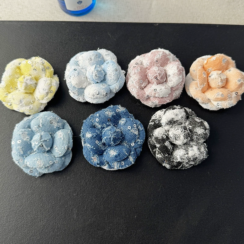 文艺复古牛仔布亮片山茶花胸针秋冬手工花朵秋冬胸花发夹女