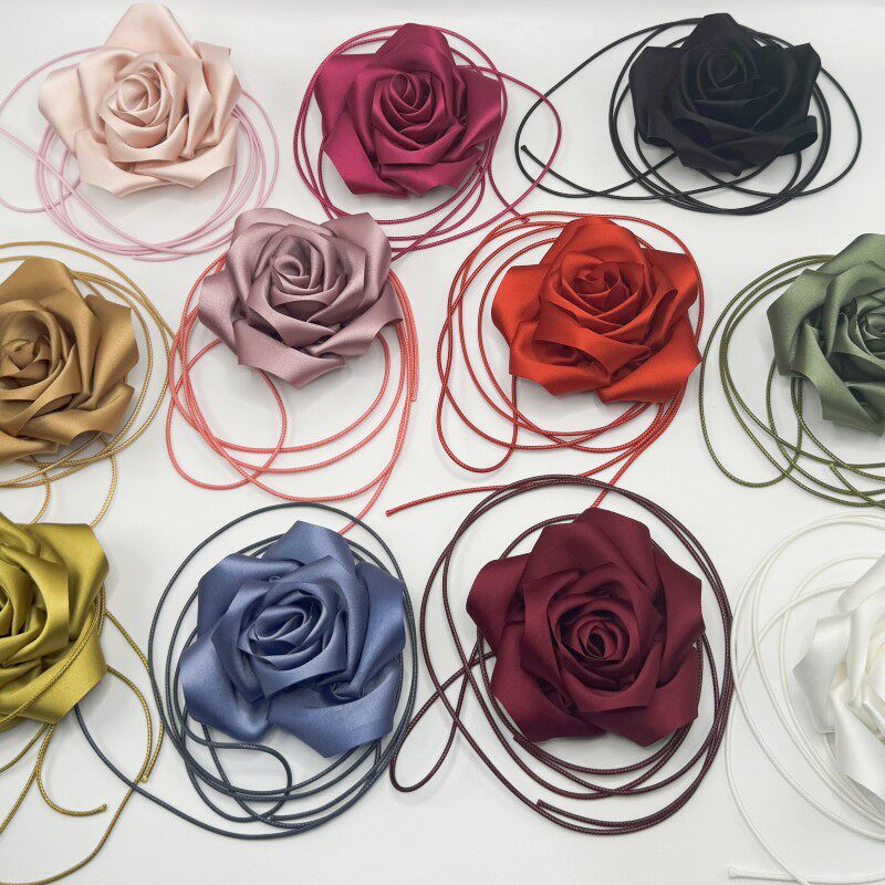 复古女腰绳立体缎面玫瑰花朵项链发带chocker连衣裙腰间配饰