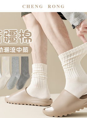 袜子男款透气棉袜运动防臭中筒袜春秋款夏季薄款日系粗线长袜白色