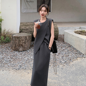 韩系chic别致休闲套装女夏季2025新款灰色无袖背心半身裙两件套潮图片