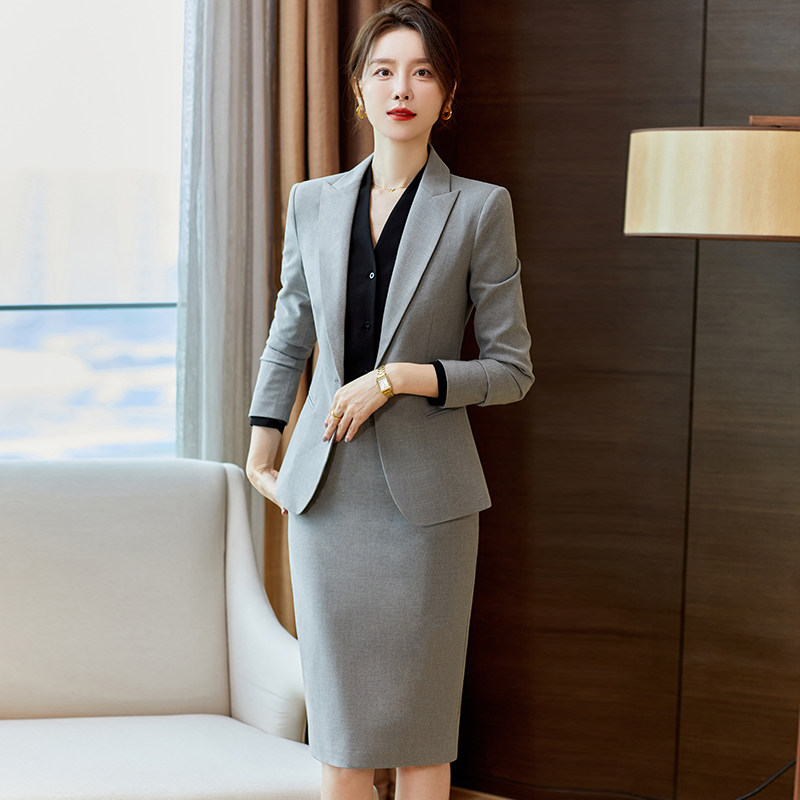 职业套装女气质高端灰色西装套裙一粒扣面试西服外套休闲工作服夏