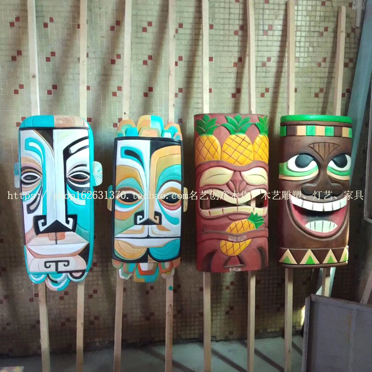 大中小型木质木制雕刻创意脸谱彩绘雕塑图腾工艺品装置装饰摆件