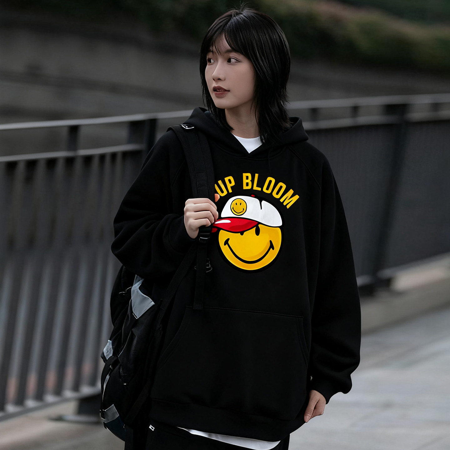 SUPBLOOM原创潮牌笑脸印花连帽卫衣秋冬学生加绒情侣休闲宽松外套