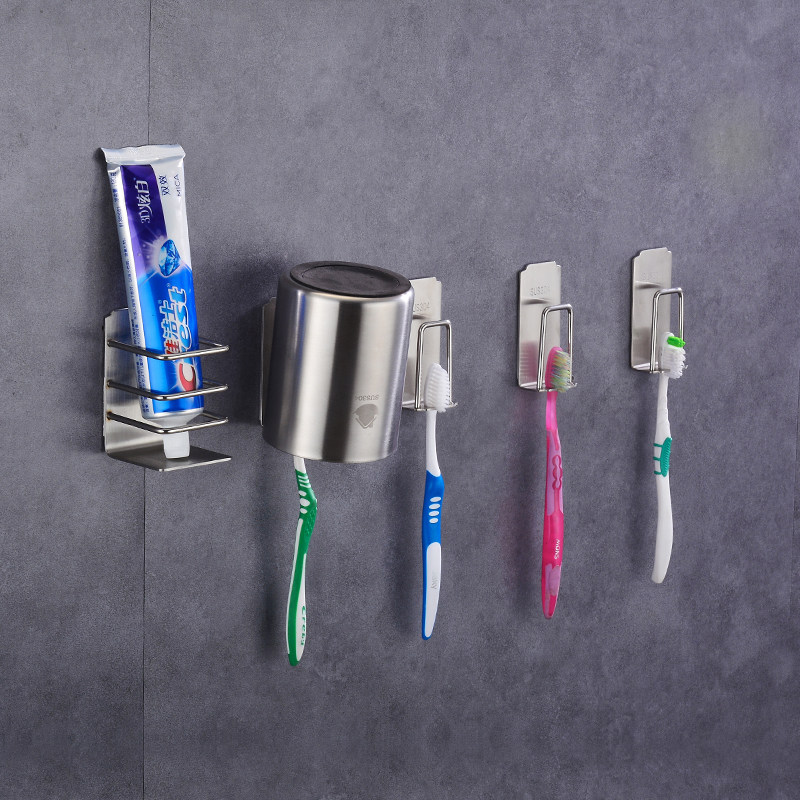 304不锈钢牙刷架 免打孔吸壁式壁挂置物架牙杯套装电动架子漱口杯