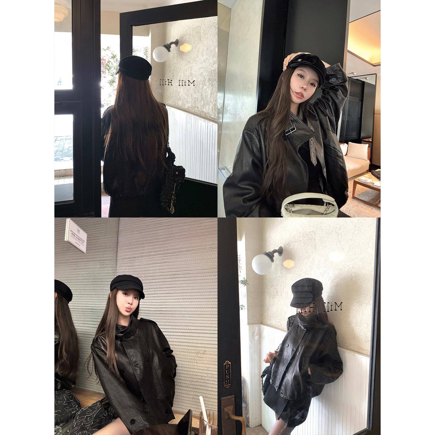 大瓶定制 Y*L开版 重工中古仿小羊皮衣女早秋高级黑色皮夹克外套